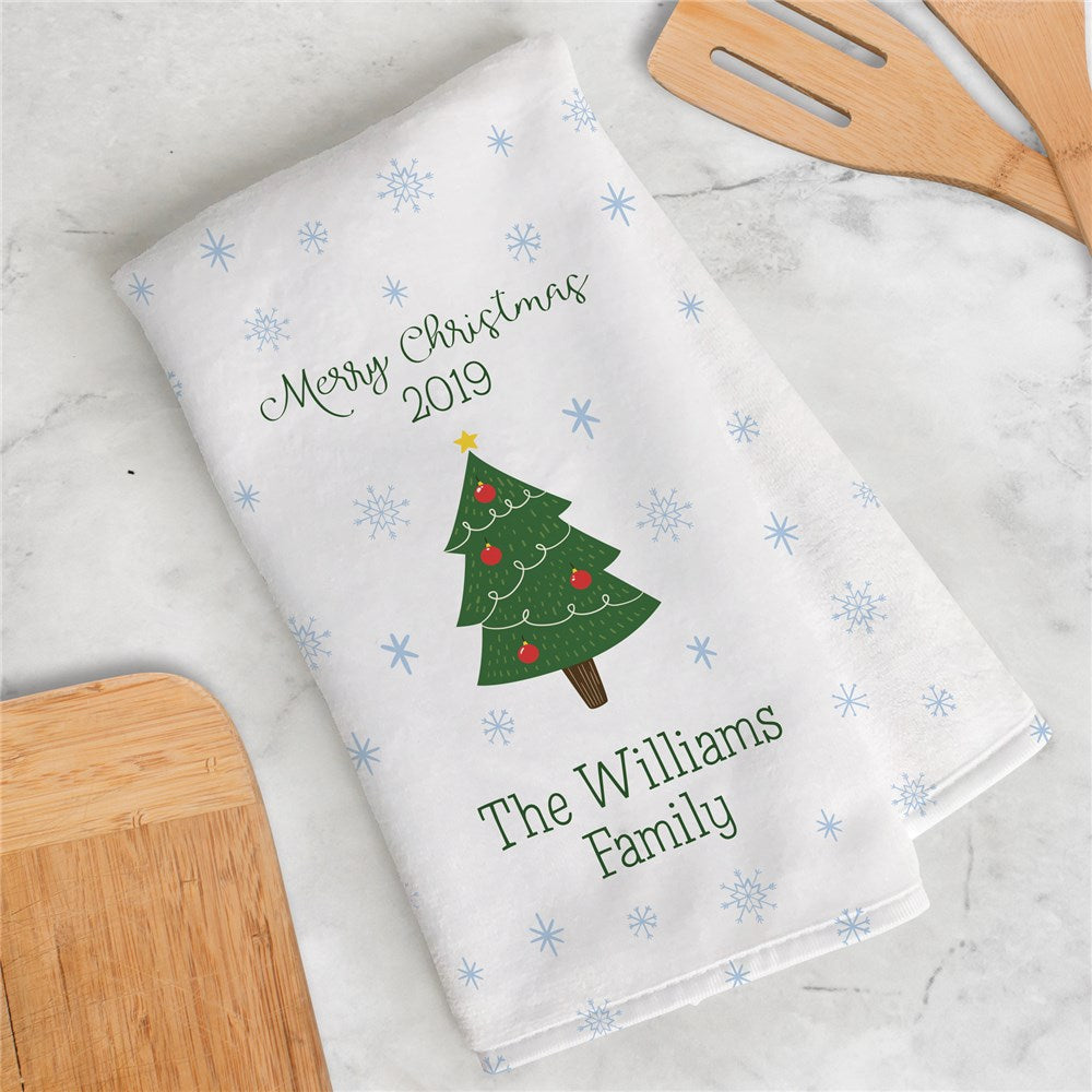 Personalized Family Name Christmas Tree Dish Towel - Sunny Jar Personalized™