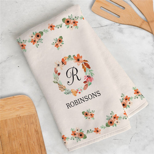 Personalized Watercolor Floral Wreath Dish Towel - Sunny Jar Personalized™