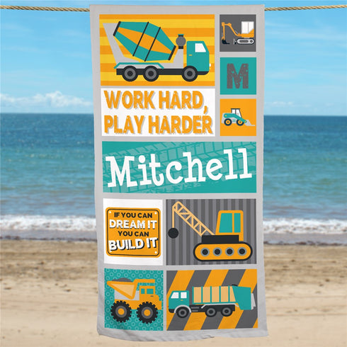 Personalized Work Hard Play Harder Truck Beach Towel - Sunny Jar Personalized™