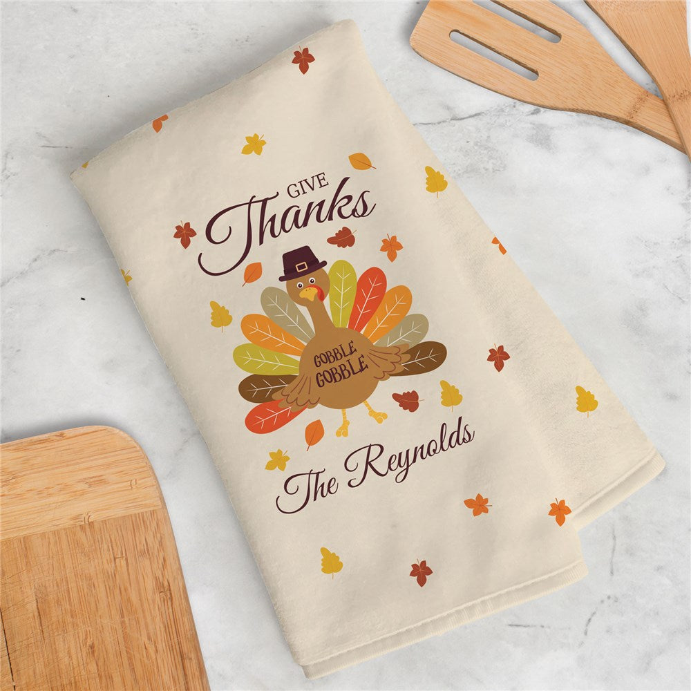 Personalized Give Thanks Turkey With Hat Dish Towel - Sunny Jar Personalized™