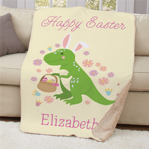 Personalized Floral Happy Easter Dinosaur Sherpa Blanket - Sunny Jar Personalized™