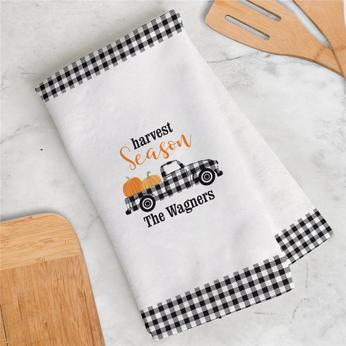 Personalized Harvest Season Gingham Truck Dish Towel - Sunny Jar Personalized™