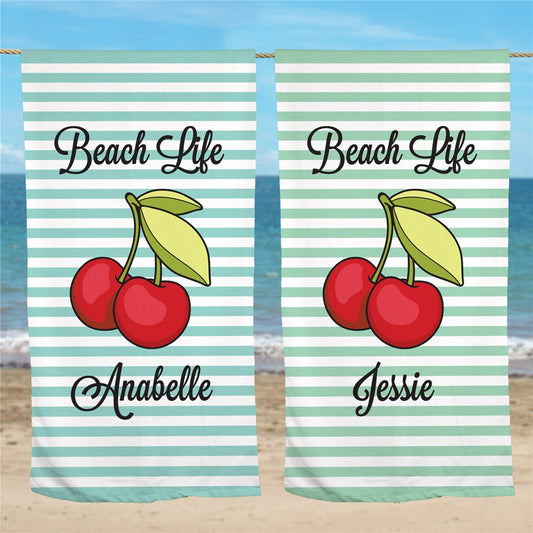 Personalized Stripes and Cherries Beach Towel - Sunny Jar Personalized™