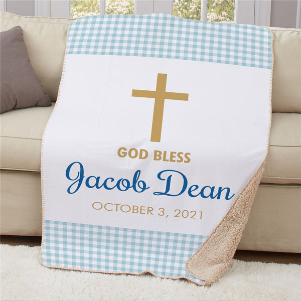 Personalized Baptism Gingham Sherpa Blanket - Sunny Jar Personalized™