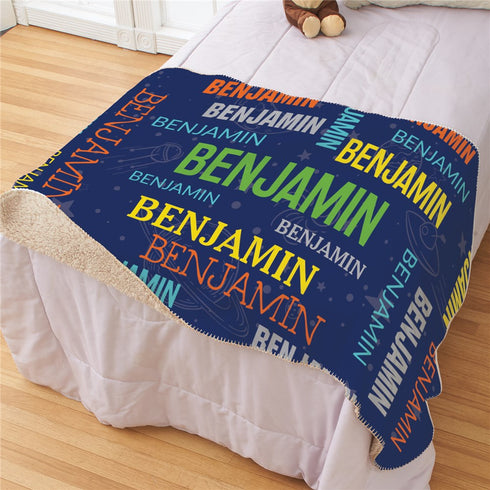 Personalized Repeating Names Blue Space Sherpa Blanket - Sunny Jar Personalized™