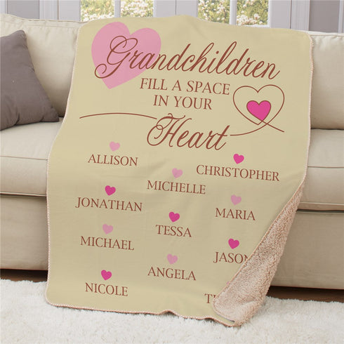 Personalized Grandchildren Fill a Space with Multi-colors hearts on light tan background 50" x 60" Sherpa