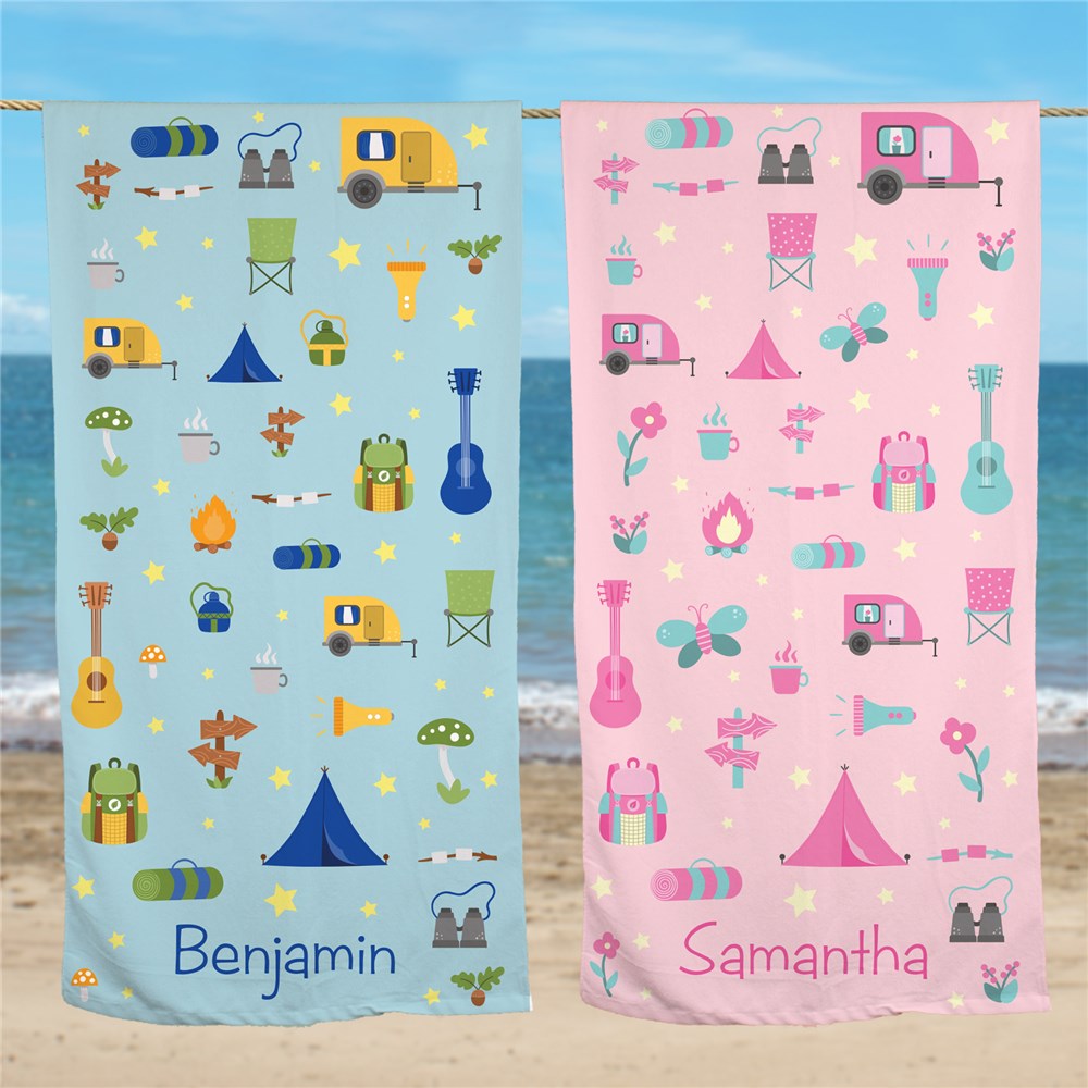 Personalized Camping Icons Beach Towel - Sunny Jar Personalized™