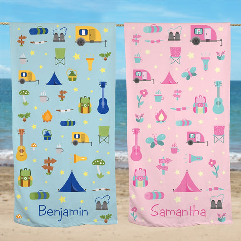 Personalized Camping Icons Beach Towel - Sunny Jar Personalized™