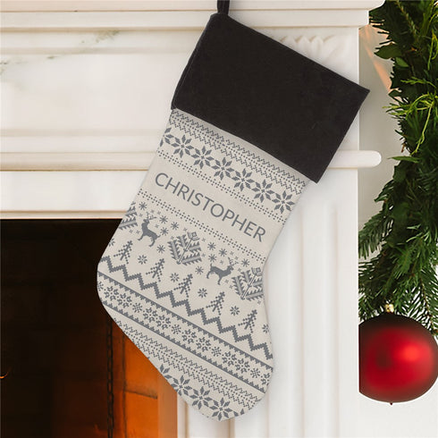 Personalized Christmas Sweater Pattern Grey Stocking - Sunny Jar Personalized™