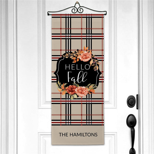 Personalized Hello Fall with Tan, Burgundy and Black Plaid Wall Hanging - Sunny Jar Personalized™