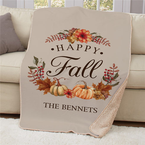 Personalized Happy Fall With Leaves and Pumpkins 50" x 60" Sherpa Throw