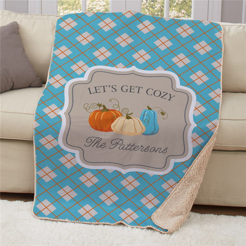 Personalized Let's Get Cozy Pumpkin Plaid Sherpa Blanket - Sunny Jar Personalized™