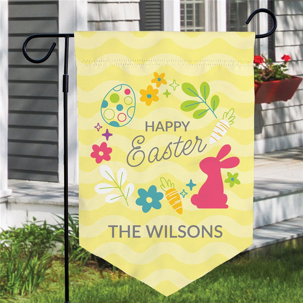 Personalized Colorful Happy Easter Wreath Pennant Shape Garden Flag - Sunny Jar Personalized™