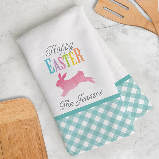 Personalized Teal Plaid with Watercolor Pink Bunny Dish Towel - Sunny Jar Personalized™