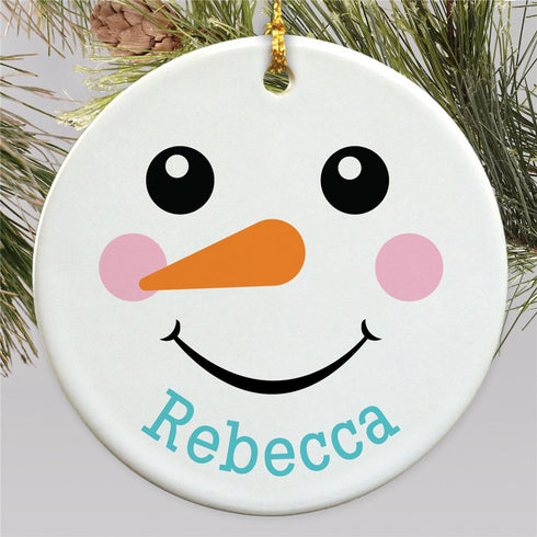 Personalized Snowman with Regular Smile and Name Round Ornament - Sunny Jar Personalized™