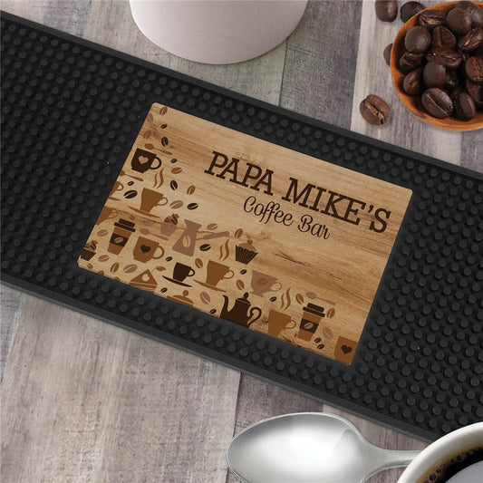 Personalized Wood Background Coffee Icons Bar Mat - Sunny Jar Personalized™