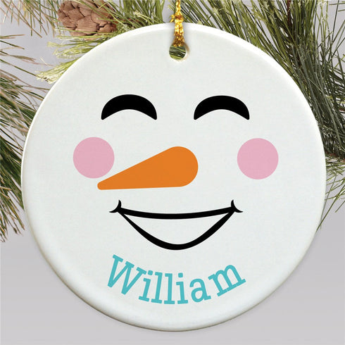 Personalized Thick Squinted Eyes Snowman Round Ornament - Sunny Jar Personalized™