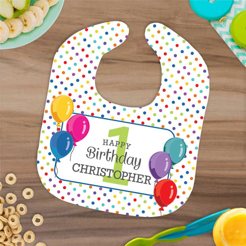 Personalized Birthday Balloons & Dots Baby Bib - Sunny Jar Personalized™