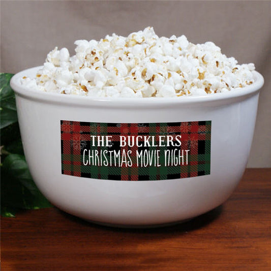 Personalized Christmas Movie Snowflakes Plaid Popcorn Bowl - Sunny Jar Personalized™