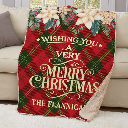 Personalized Diamond Plaid & White Poinsettias Sherpa Blanket - Sunny Jar Personalized™