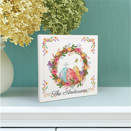 Personalized Easter Eggs With Wreath 6x6 Table Top Sign - Sunny Jar Personalized™