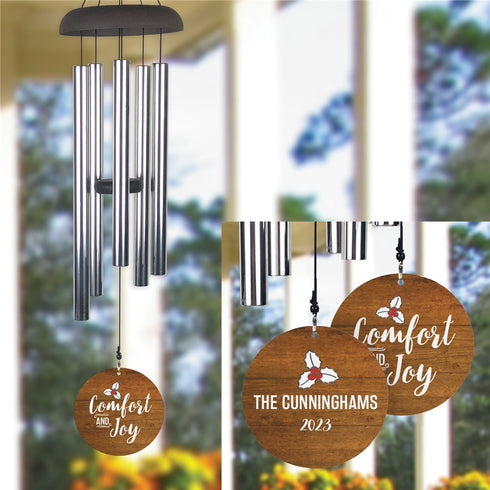 Personalized Comfort and Joy Brown Wood Background Wind Chime - Sunny Jar Personalized™