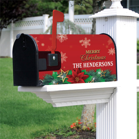 Personalized Merry Christmas Poinsettia and Plaid Mailbox Cover - Sunny Jar Personalized™