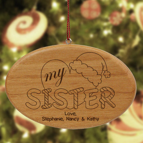 Engraved Heart My Sister Wood Oval Ornament - Sunny Jar Personalized™