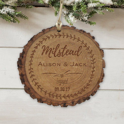 Personalized Engagement Round Rustic Wood Ornament - Sunny Jar Personalized™